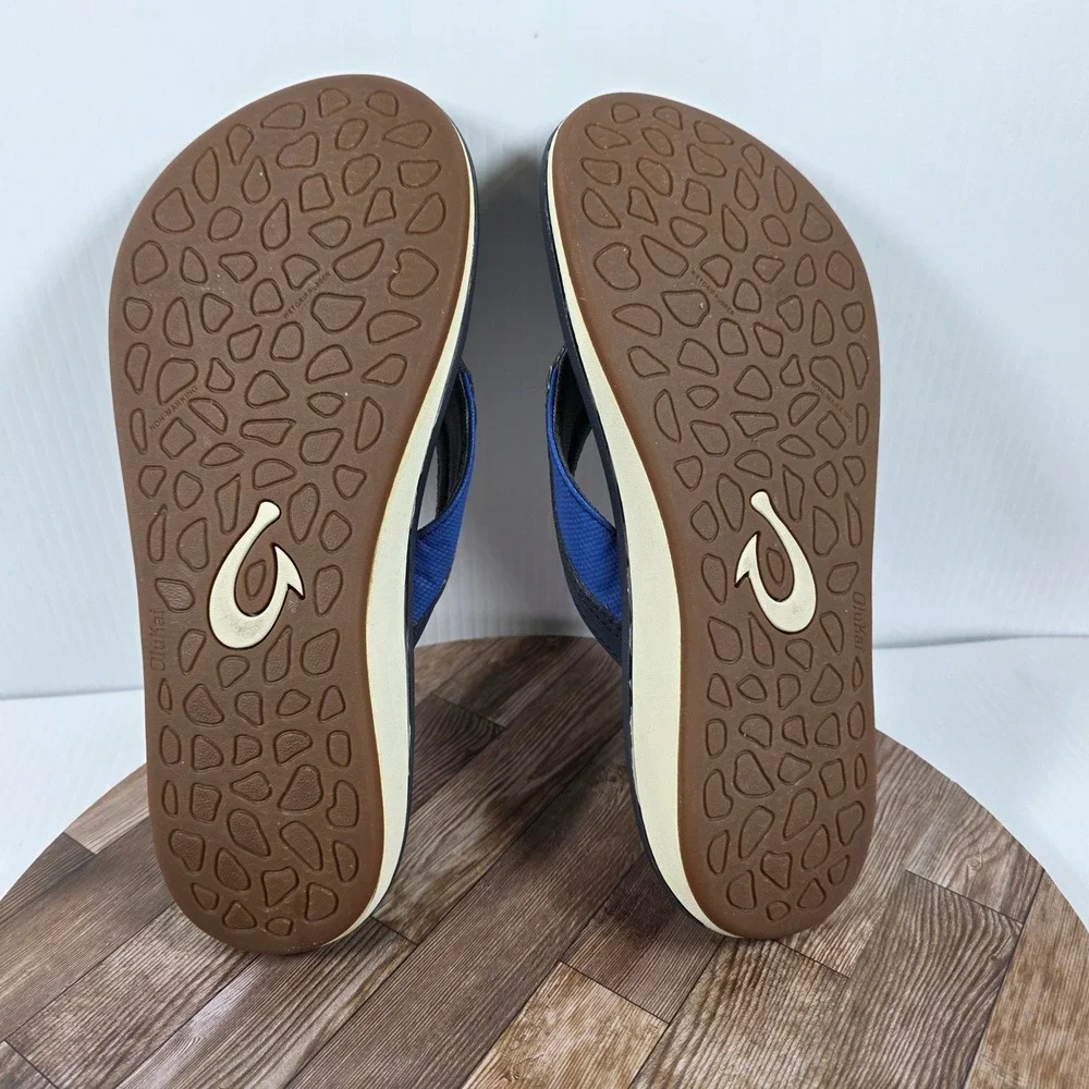 OluKai Nohona 10350-DEDE Mens US 8 Flip Flop Navy Leather Slip On Thong Sandals